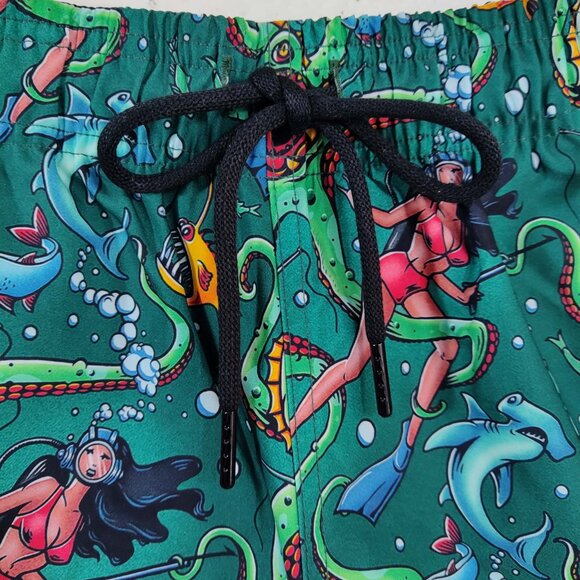 CULPRIT Get It Green Kraken Tattoo Style Print Mens Swim Trunks Board Shorts M - Picture 5 of 11